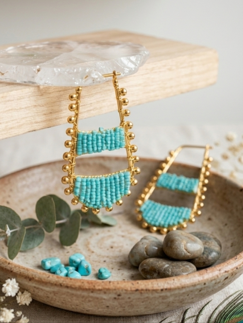 Aqua Beaded Statement Hoop Earrings Handmade Artisan Boho Ethnic Gold Drop - Picture 10 of 16